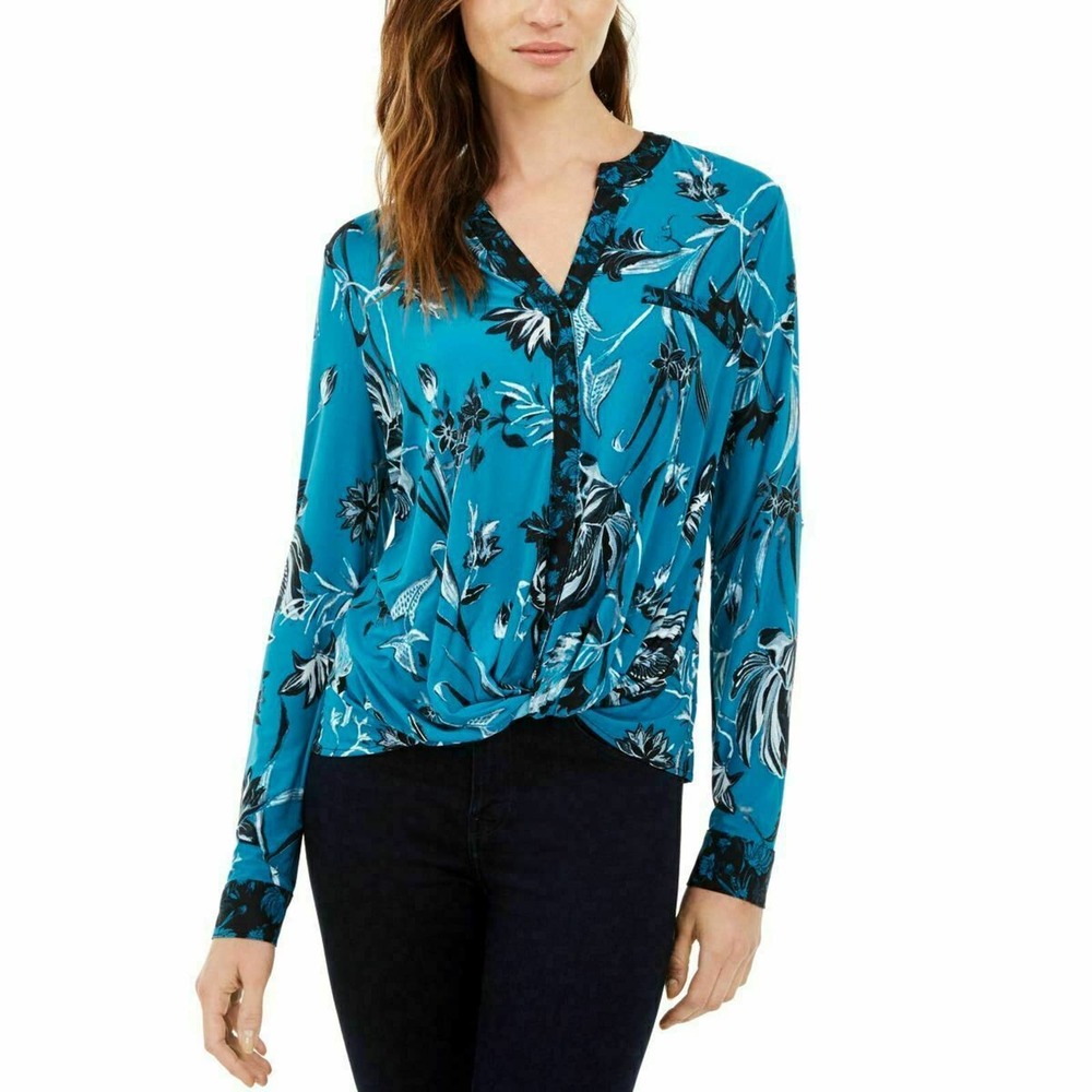 INC Blouse Twist-Front Top Pumpkin Blooms Teal XS